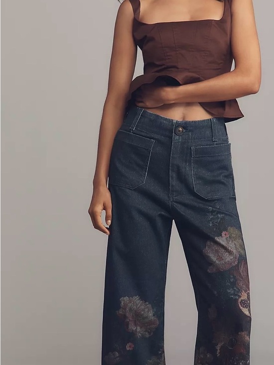 Maeve Denim - Maeve Dark Blue Wide-Leg Jeans with Floral Prints